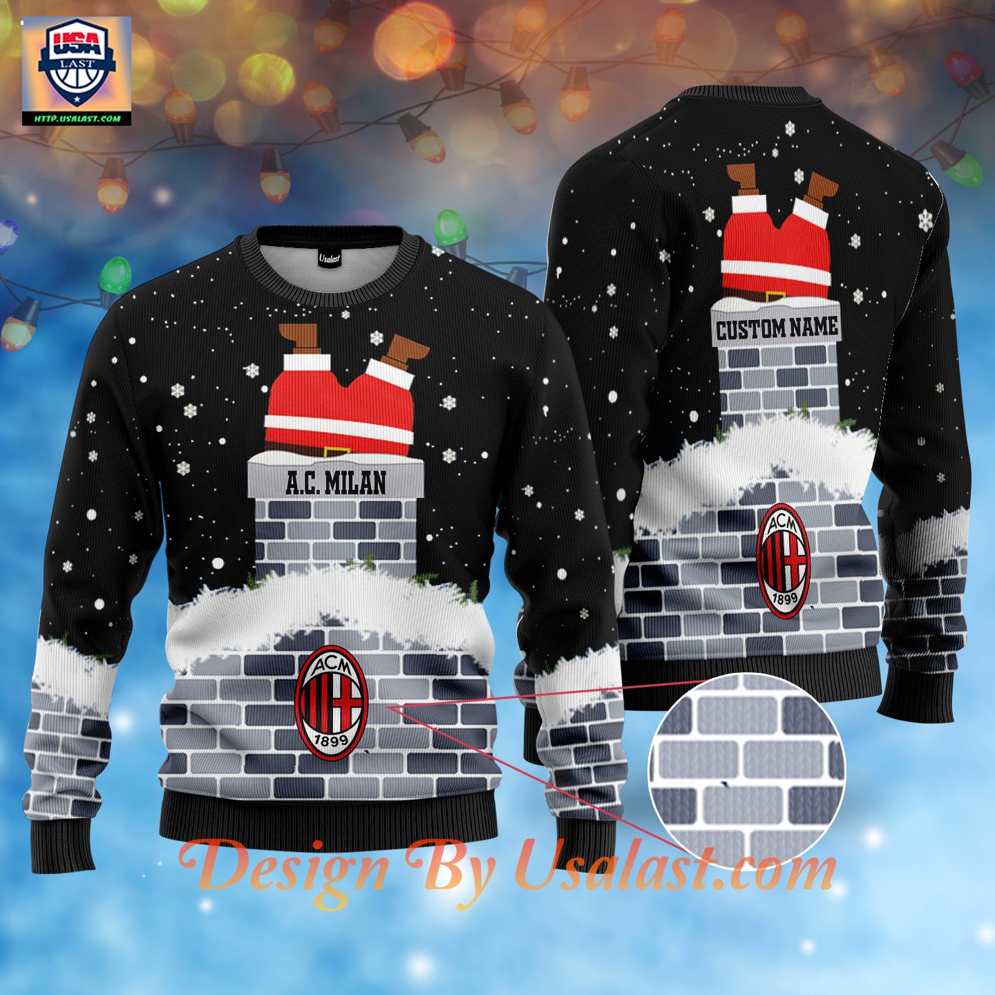 (Big Sale) A.C Milan Santa Claus Custom Name Black Christmas Sweater
