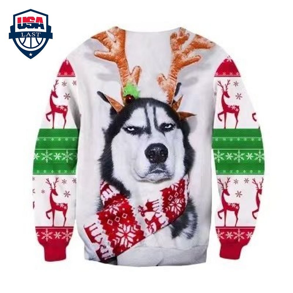 Angry Husky With Deerhorn Ugly Christmas Sweater