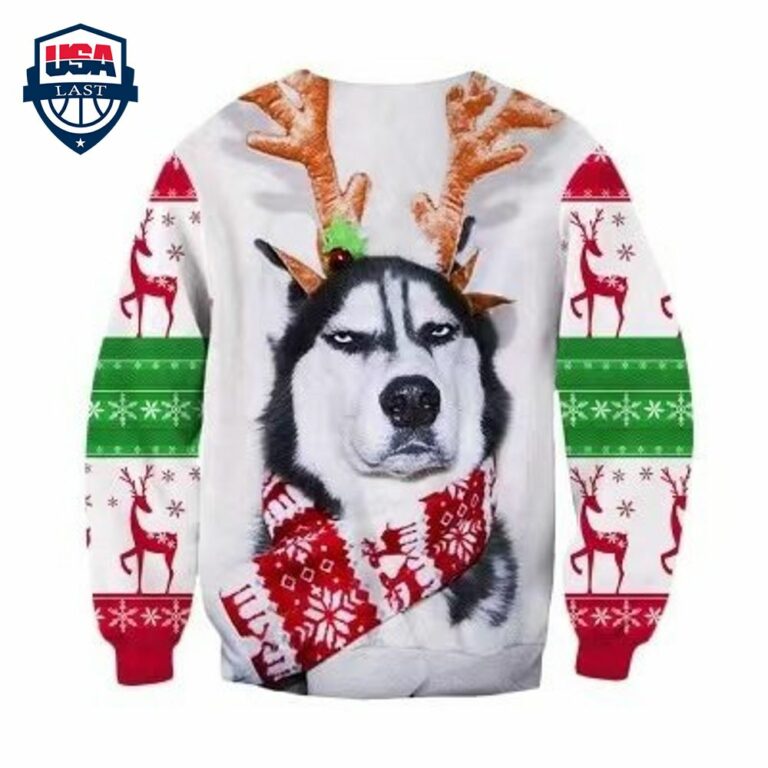 Angry Husky With Deerhorn Ugly Christmas Sweater - Is this your new friend?