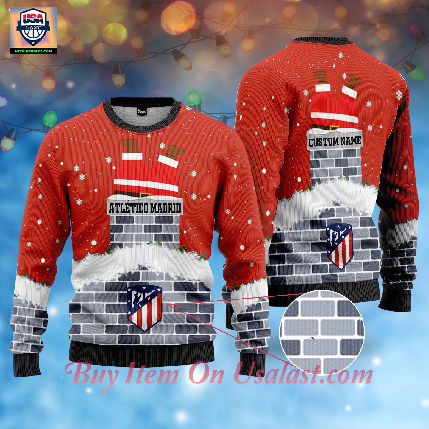 Cool Atlético Madrid Santa Claus Custom Name Ugly Christmas Sweater