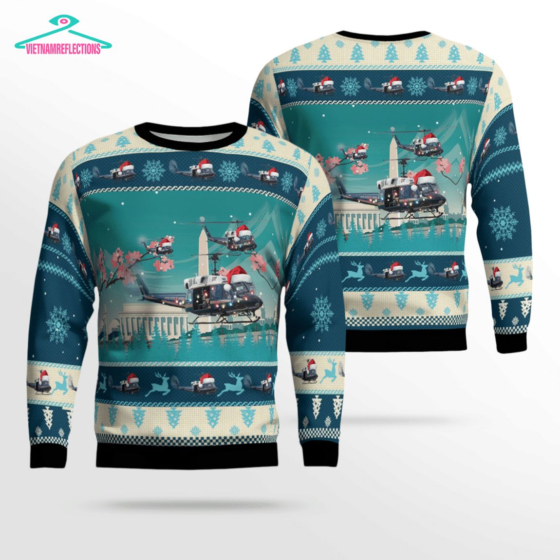 Bell UH-1N Twin Huey Of The 1st Helicopter Squadron Flying Over Washington DC 3D Christmas Sweater
