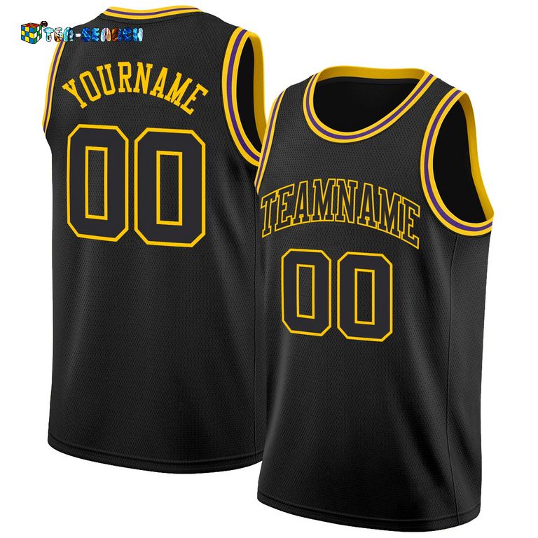 For Fans Black Black-gold Round Neck Rib-knit Basketball Jersey