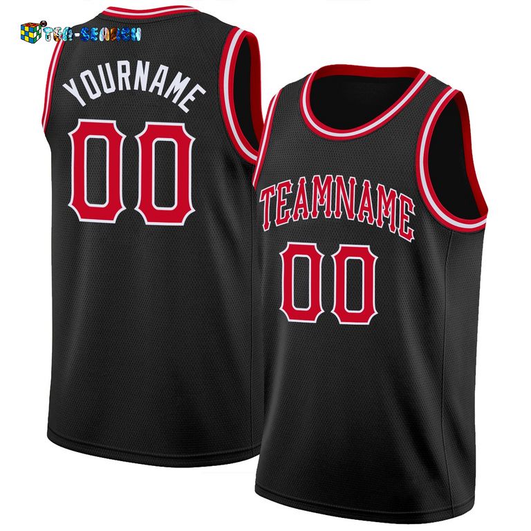 How To Buy Black Red-White Round Neck Rib-knit Basketball Jersey