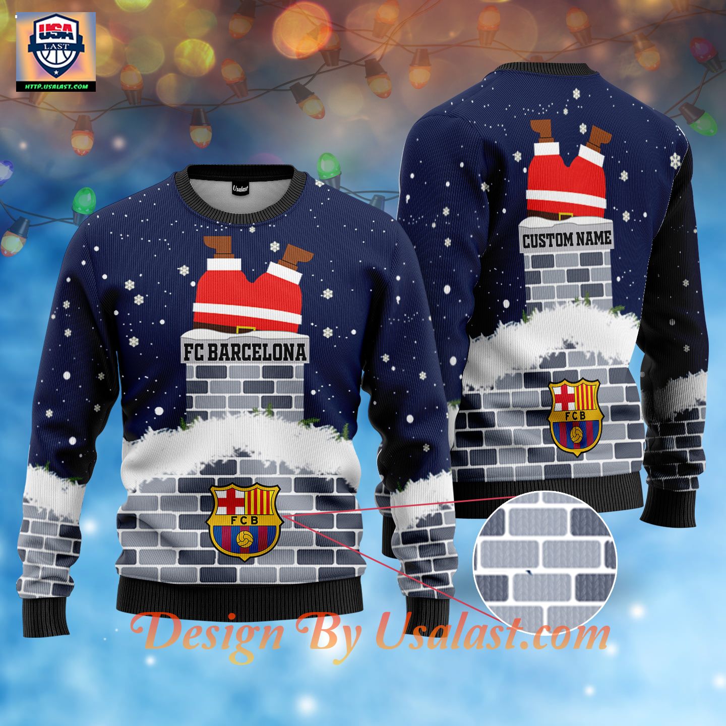 Discount FC Barcelona Santa Claus Custom Name Ugly Christmas Sweater