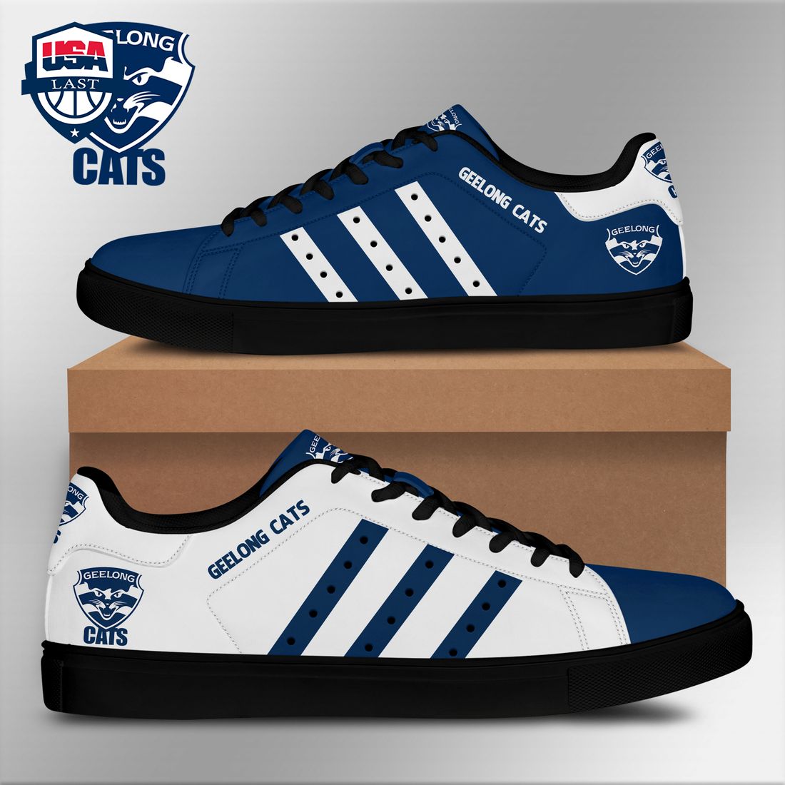 Geelong Cats White Navy Stripes Stan Smith Low Top Shoes