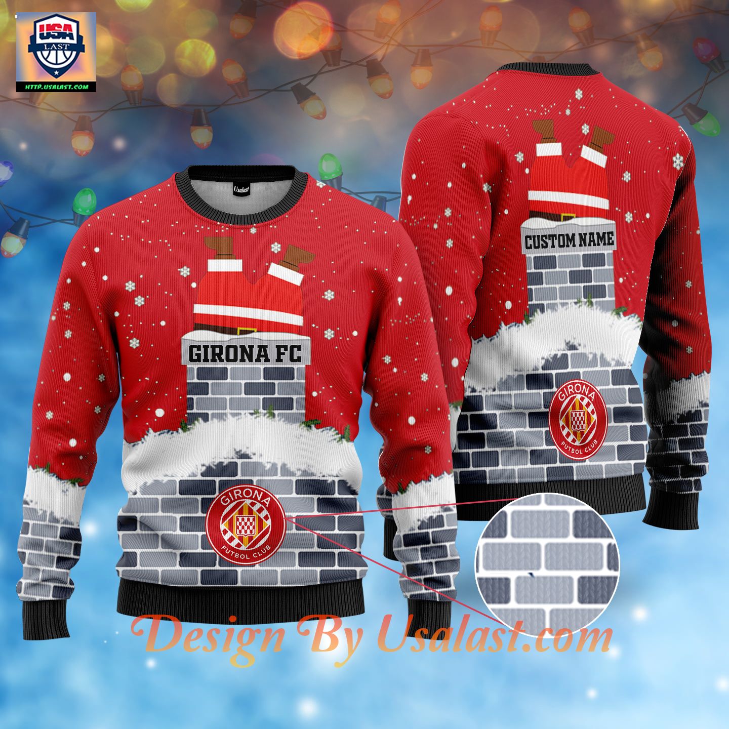 Esty Girona FC Santa Claus Custom Name Ugly Christmas Sweater