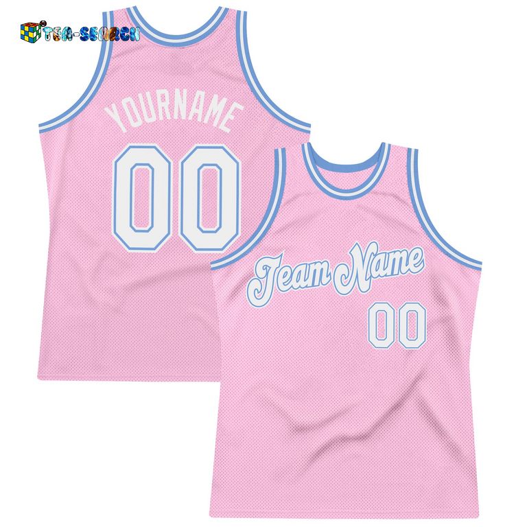 Up to 20% Off Light Pink White-light Blue Authentic Throwback Basketball Jersey