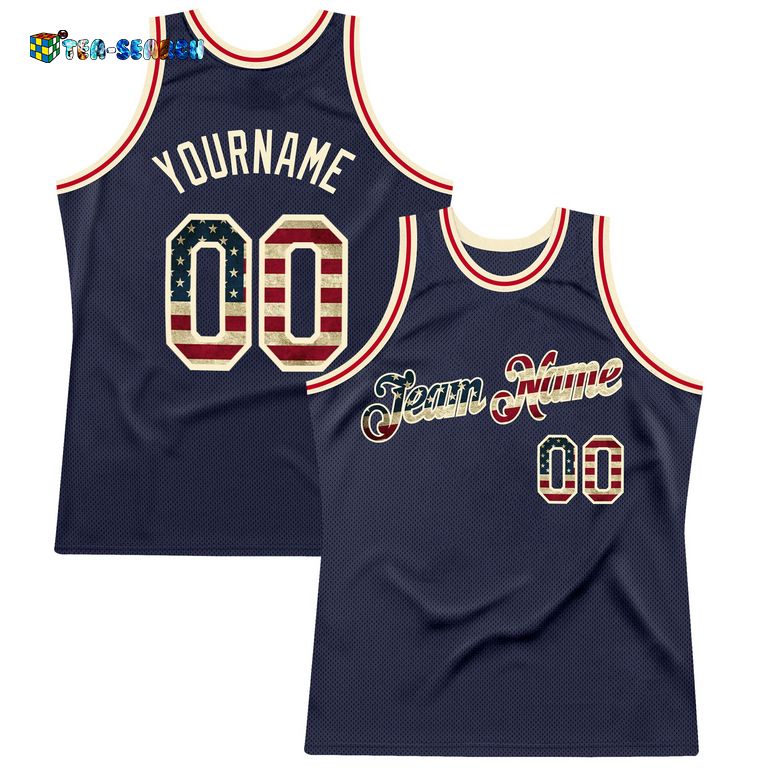 Limited Edition Navy Vintage Usa Flag-cream Authentic Throwback Basketball Jersey