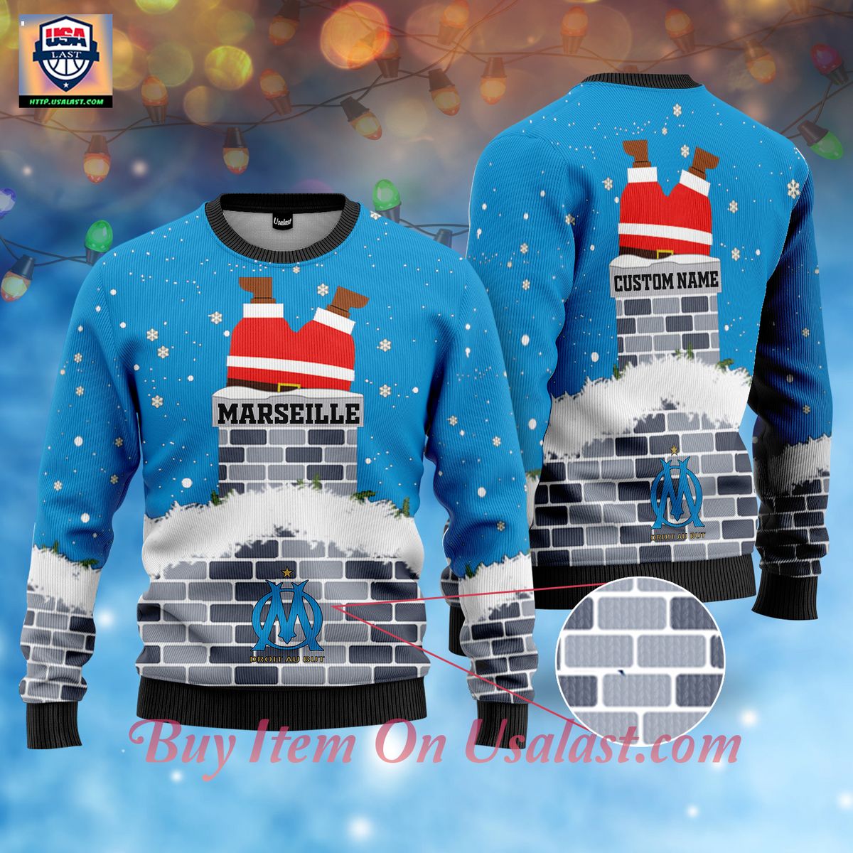 Limited Edition Olympique de Marseille Santa Claus Custom Name Ugly Christmas Sweater
