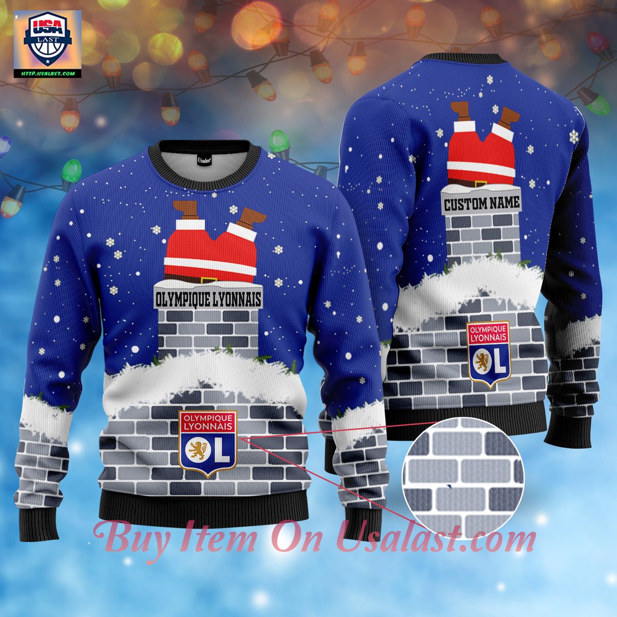 Low Price Olympique Lyonnais Santa Claus Custom Name Ugly Christmas Sweater