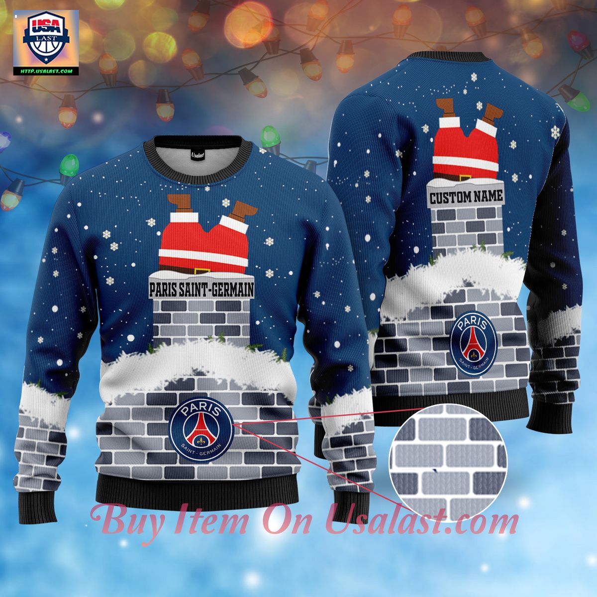 Luxurious Paris Saint-Germain FC Santa Claus Custom Name Ugly Christmas Sweater