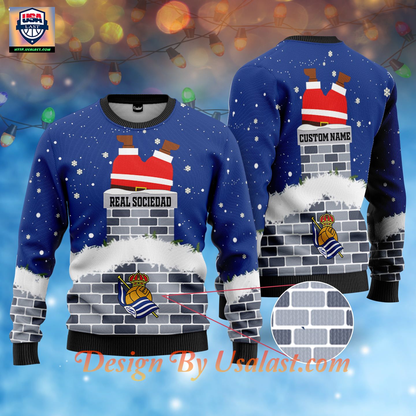 For Fans Real Sociedad Santa Claus Custom Name Ugly Christmas Sweater