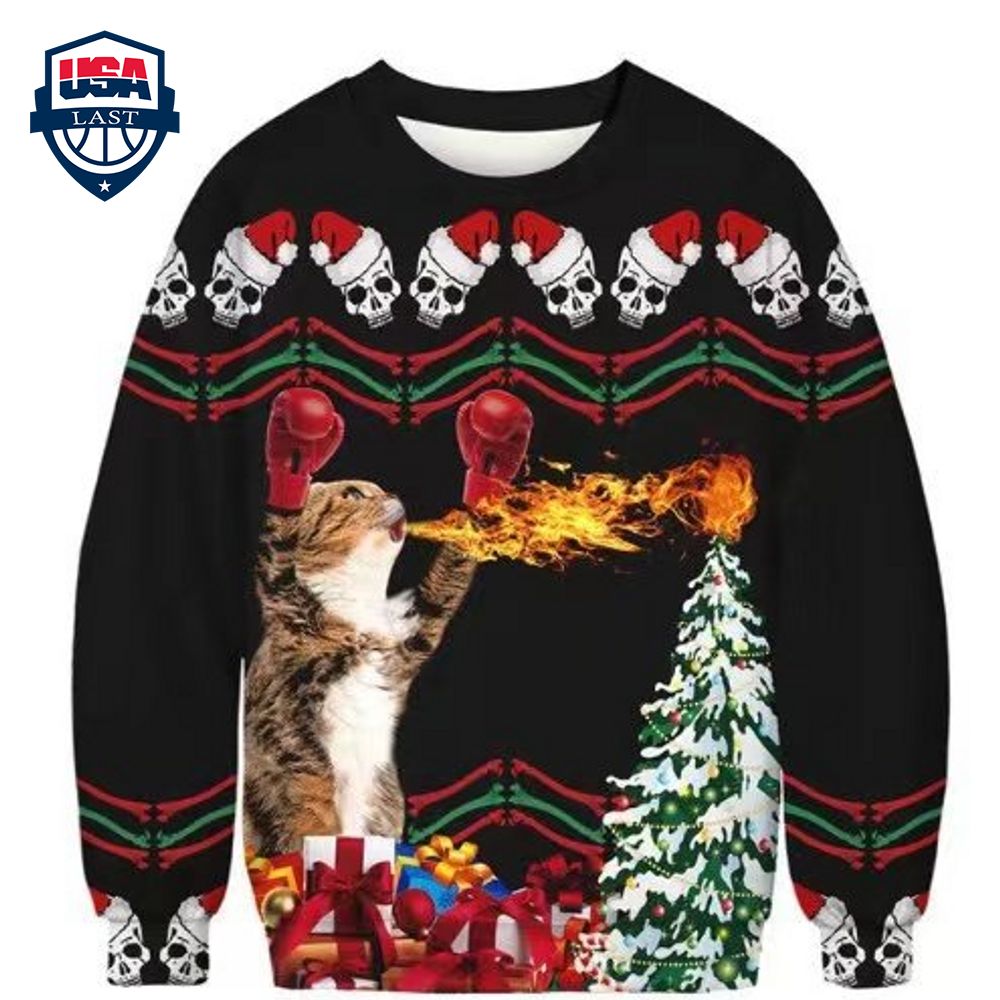 Skull Kitten Breathing Fire Ugly Christmas Sweater - Loving, dare I say?