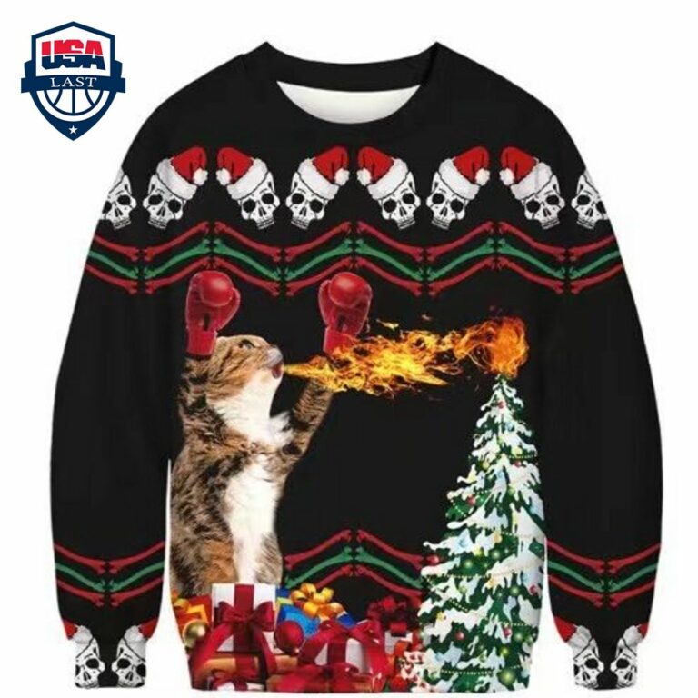 Skull Kitten Breathing Fire Ugly Christmas Sweater - It is more than cute