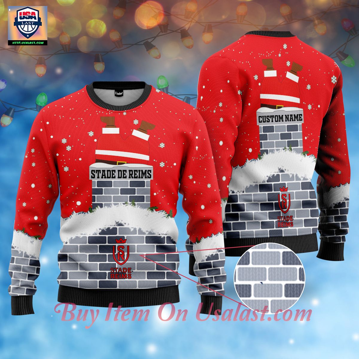 Luxury Stade de Reims Santa Claus Custom Name Ugly Christmas Sweater