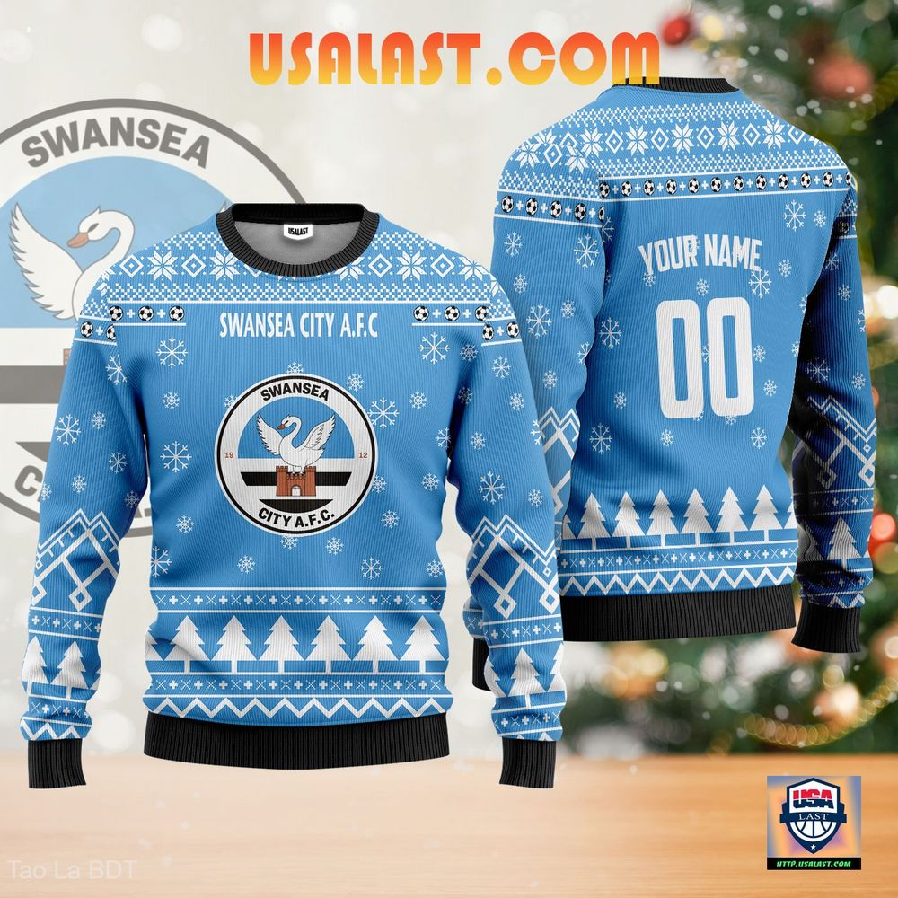 Top Alibaba Swansea City A.F.C Personalized Ugly Sweater Blue Version