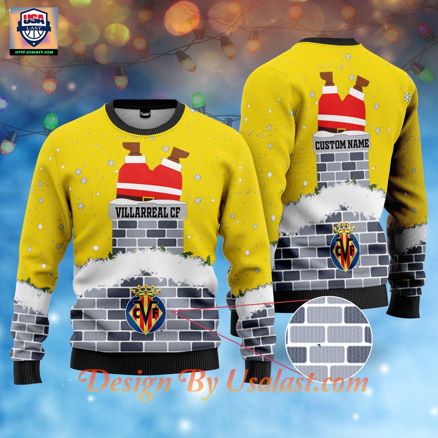 Great Villarreal CF Santa Claus Custom Name Ugly Christmas Sweater