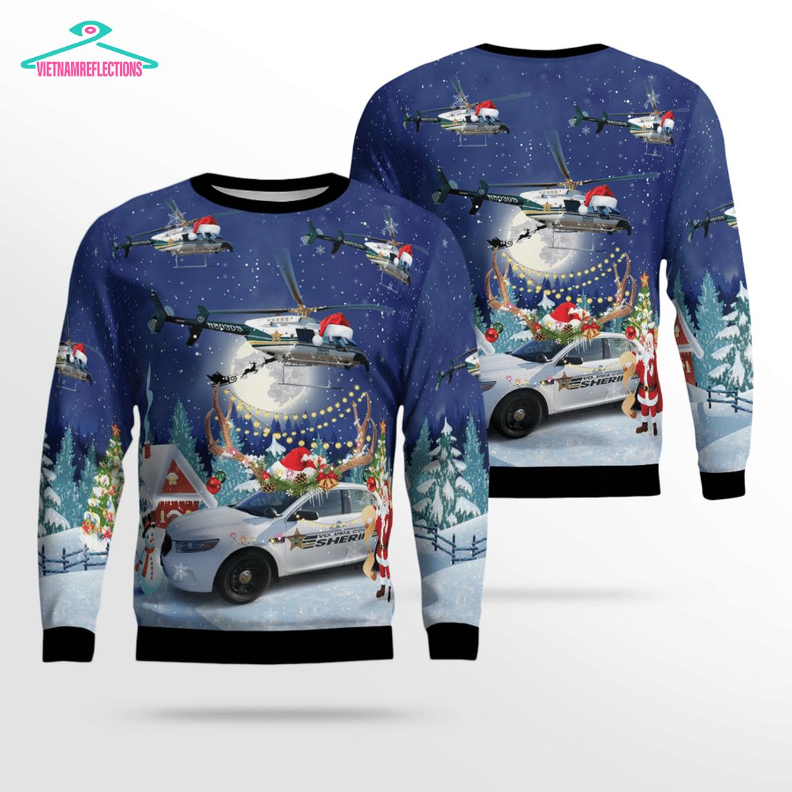 Volusia County Sheriff Bell 407 And Ford Police Interceptor 3D Christmas Sweater