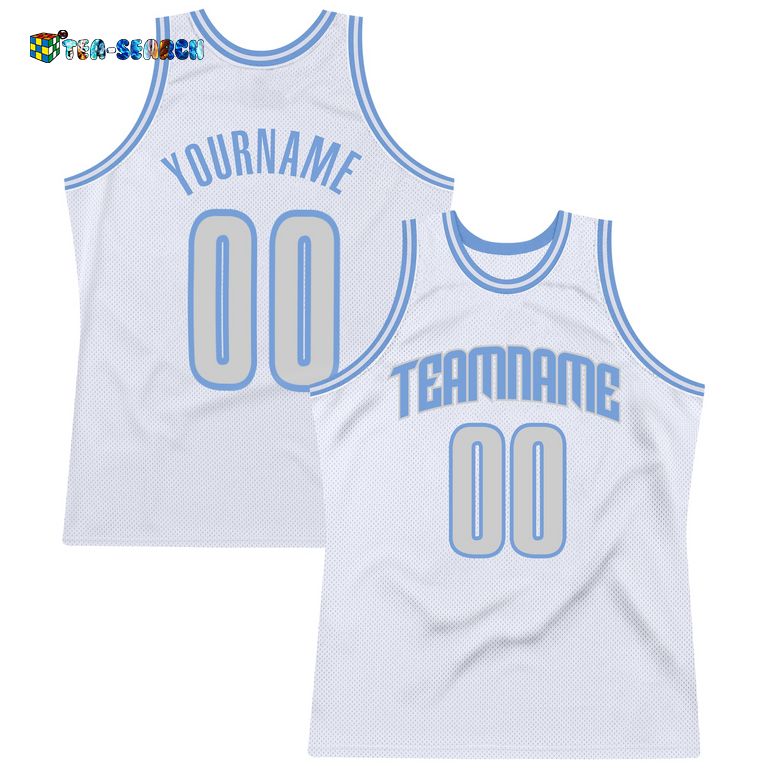 Amazing Gift White Silver Gray-light Blue Authentic Throwback Basketball Jersey
