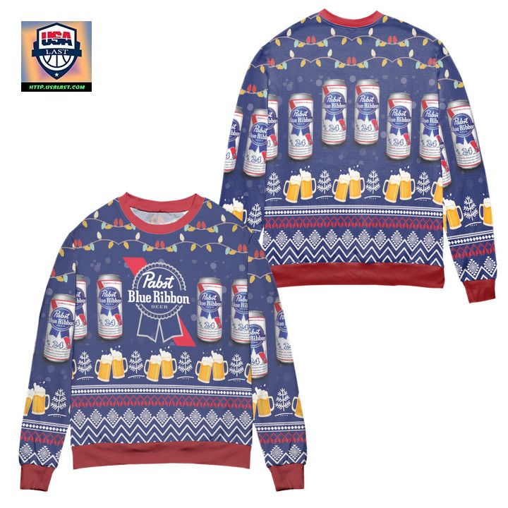 Pabst Blue Ribbon Beer Lights And Snow Ugly Christmas Sweater – Blue