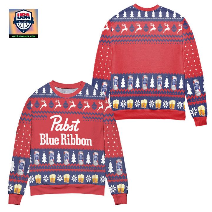 Pabst Blue Ribbon Beer Pine Tree Reindeer Pattern Ugly Christmas Sweater – Red