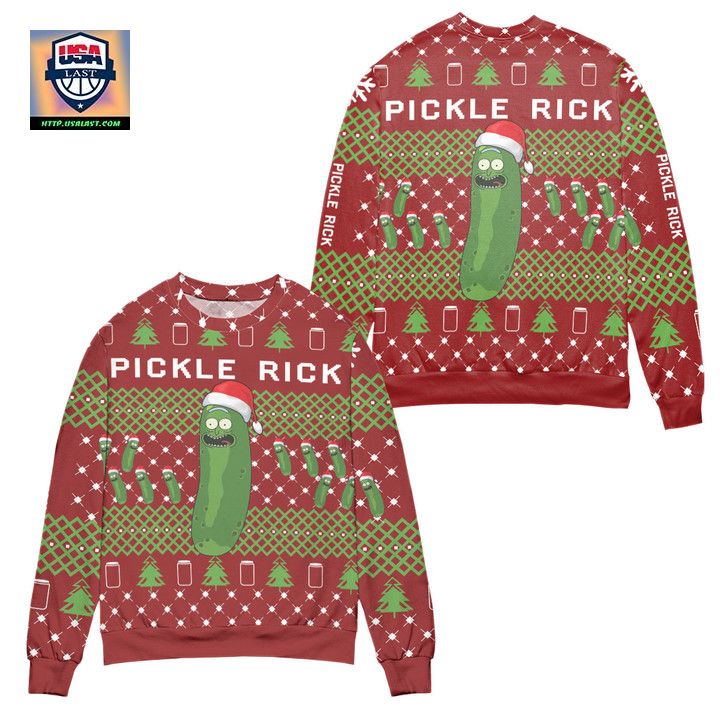Pickle Rick and Morty Christmas Pine Tree Pattern Ugly Christmas Sweater – Red