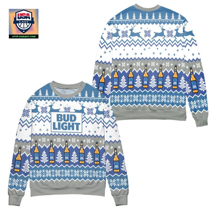 Pixel Bud Light Reindeer Snowflake Pattern Ugly Christmas Sweater