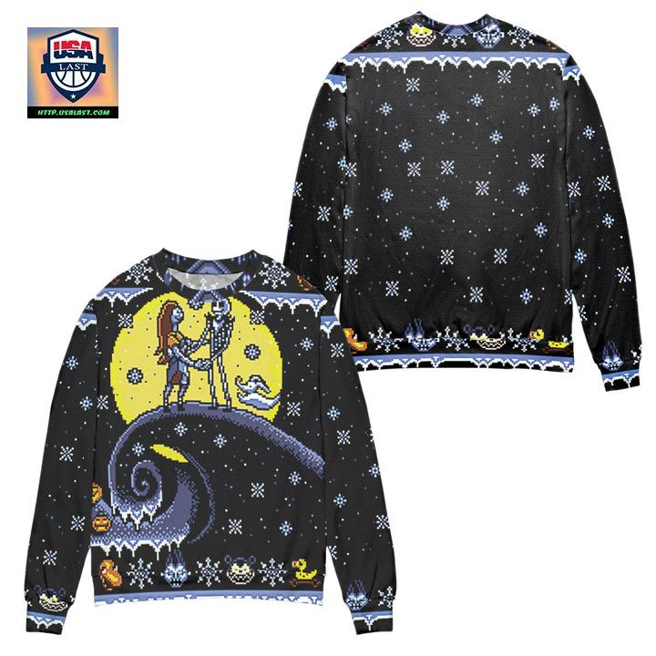 Pixel Jack And Sally Snowy Night Ugly Christmas Sweater – Black