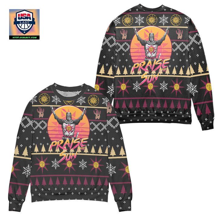 Praise The Sun Dark Souls Snowflake Pattern Ugly Christmas Sweater – Black