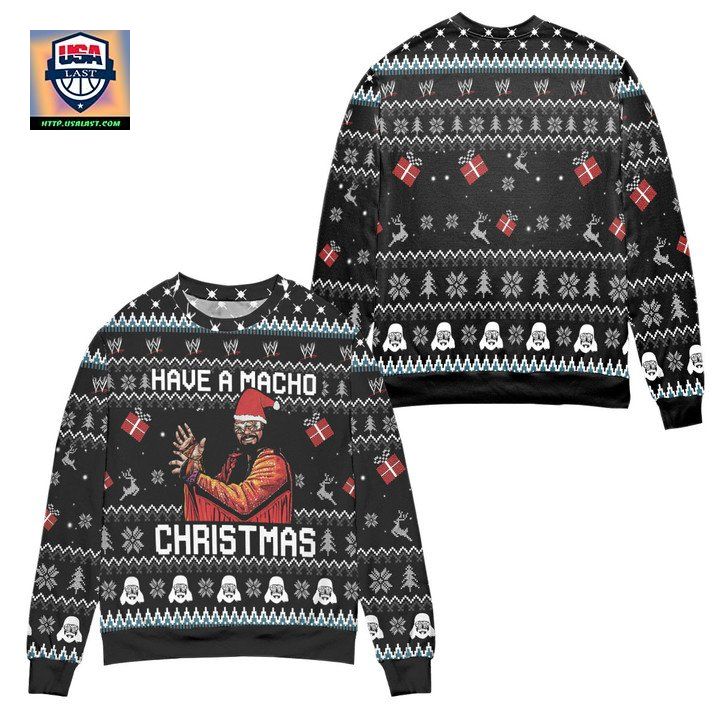 Randy Savage WWE Have A Macho Christmas Pine Tree Snowflake Pattern Ugly Christmas Sweater – Black