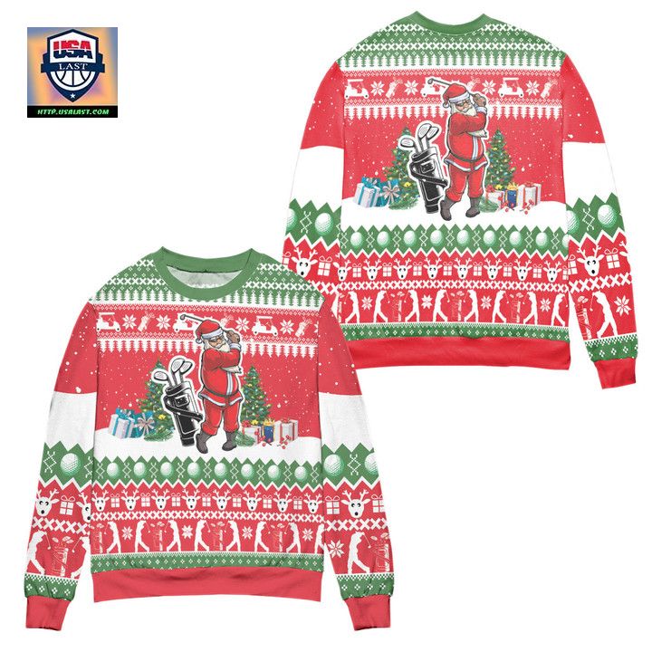 Santa Playing Golf Reindeer Pattern Ugly Christmas Sweater - Red - Cutting dash