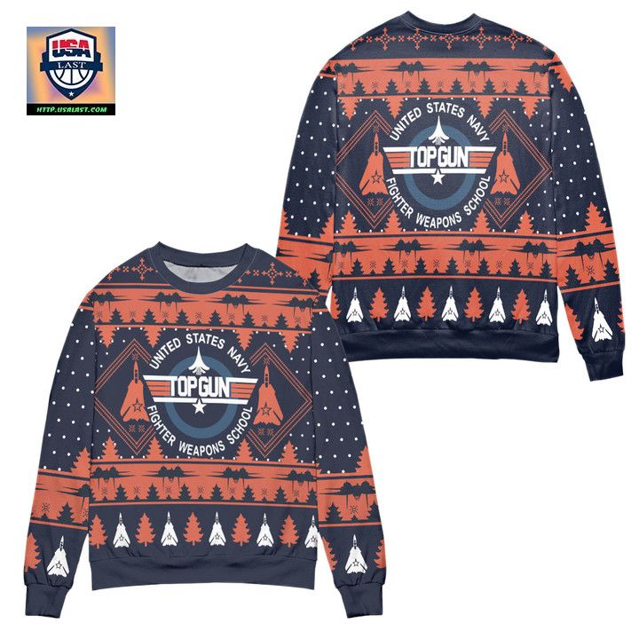 United States Navy Top Gun Pine Tree Pattern Ugly Christmas Sweater – Orange Navy